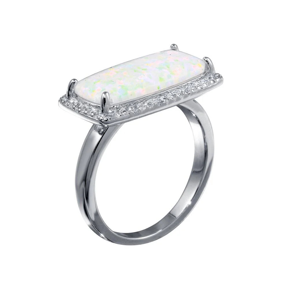 925 Sterling Silver Rhodium Plated Rectangular Opal Stone Ring with CZ