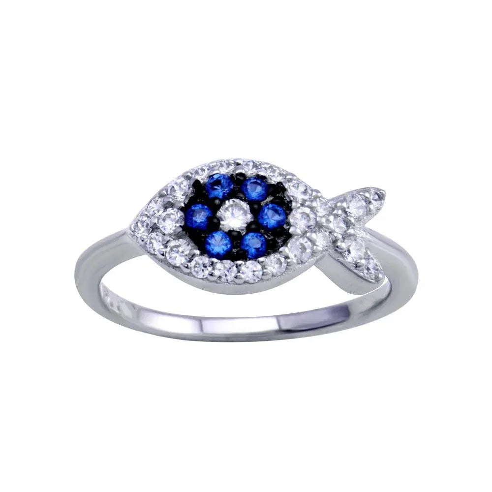 925 Sterling Silver Rhodium Plated Blue CZ Fish Ring