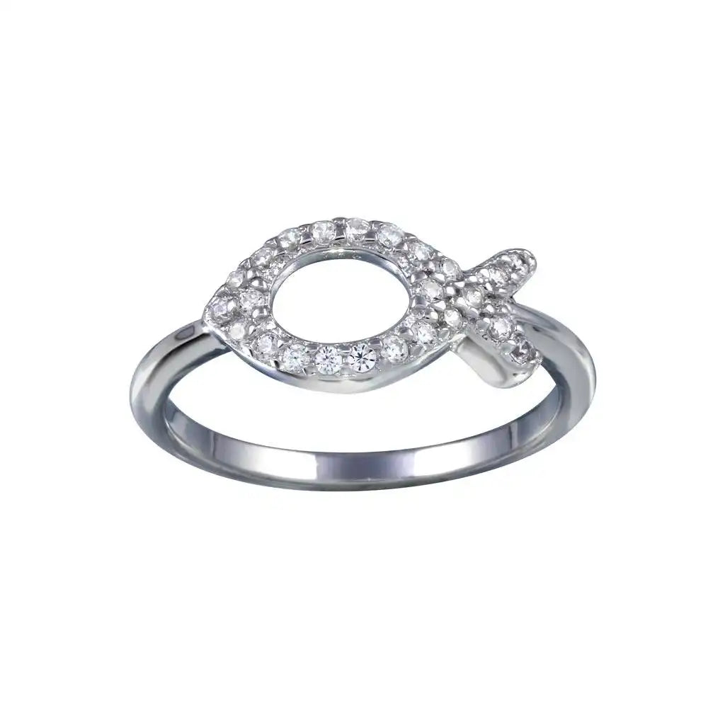 925 Sterling Silver Rhodium Plated Open CZ Fish Ring