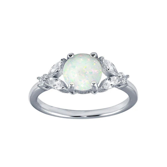 925 Sterling Silver Rhodium Plated Flower Shank Opal Stone Ring with CZ