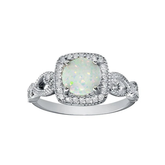 925 Sterling Silver Rhodium Plated Infinite Shank Square Opal Stone Ring