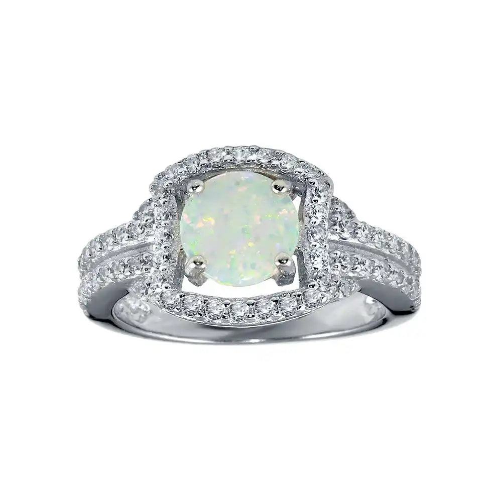 925 Sterling Silver Rhodium Plated Square Opal Stone Ring