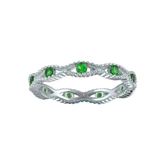 925 Sterling silver Rhodium Plated Intersecting Waves Green CZ Ring