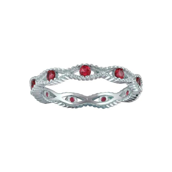 925 Sterling Silver Rhodium Plated Intersecting Waves Red CZ Ring