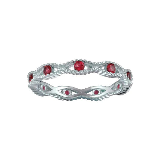 925 Sterling Silver Rhodium Plated Intersecting Waves Red CZ Ring
