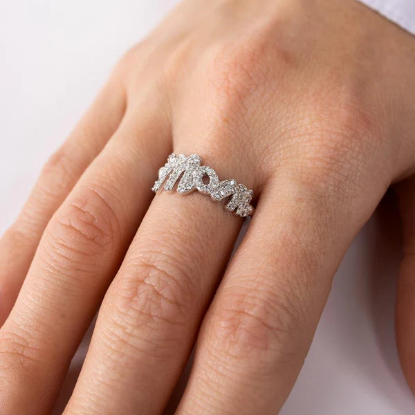 925 Sterling Silver Rhodium Plated CZ Mom Ring