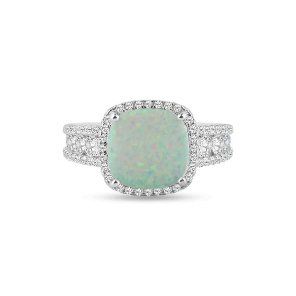 925 Sterling Silver Rhodium Plated Opal Stone With CZ Ring