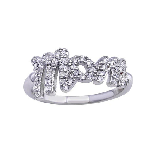 925 Sterling Silver Rhodium Plated CZ Mom Ring