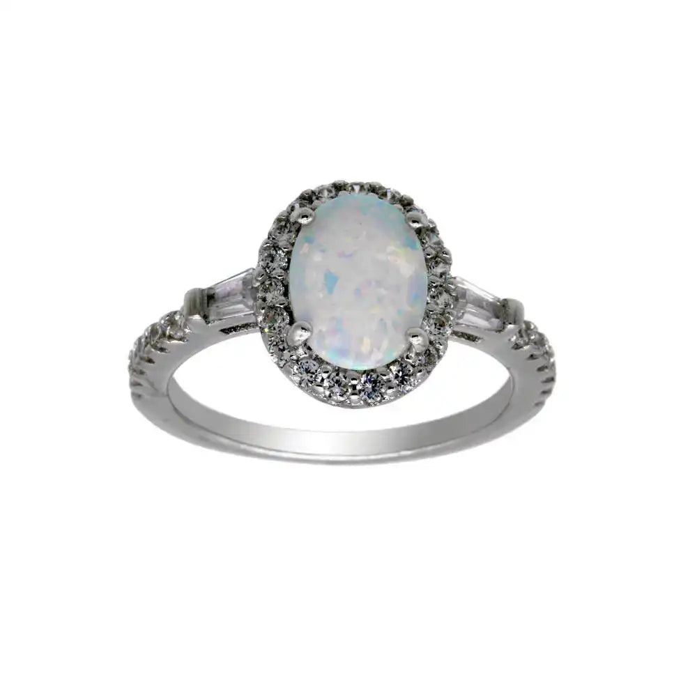 925 Sterling Silver Rhodium Plated Oval Halo Opal CZ Ring