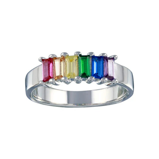 925 Sterling Silver Rhodium Plated Multicolor Baguette CZ Ring