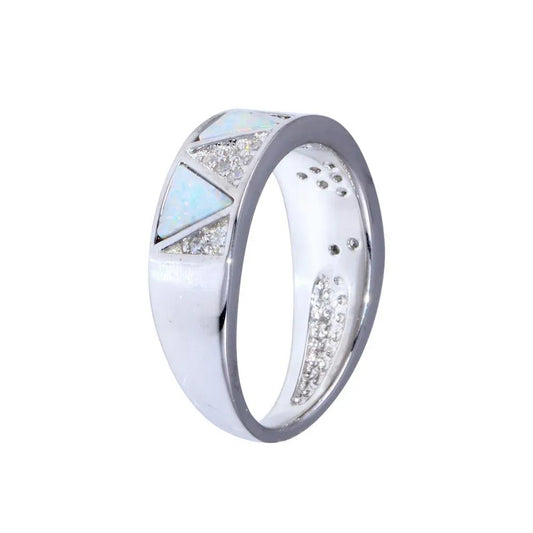 925 Sterling Silver Rhodium Plated Opal Stone Triangle With CZ Ring