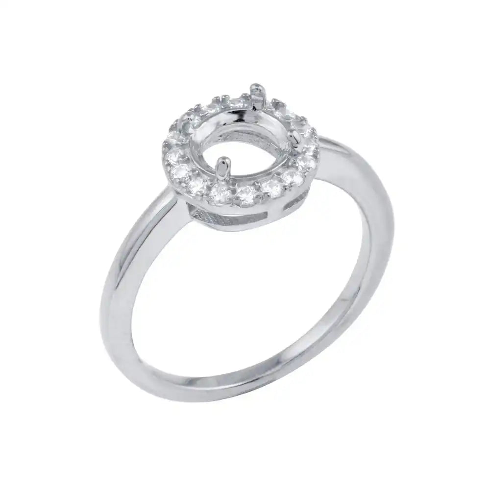 925 Sterling Silver Rhodium Plated Clear CZ Round Mounting Ring