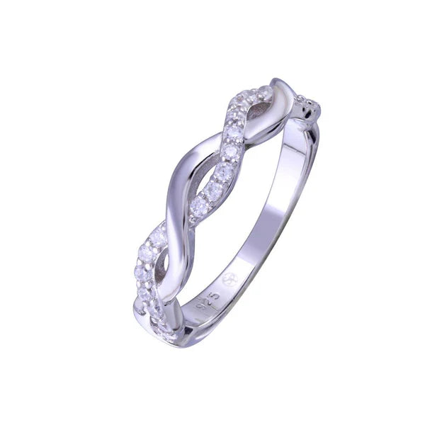 925 Sterling Silver Rhodium Plated Twisted Clear CZ Ring