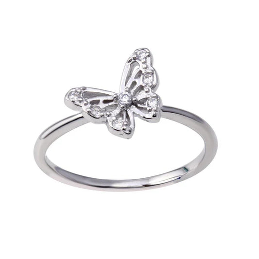 925 Sterling Silver Rhodium Plated Butterfly Clear CZ Ring