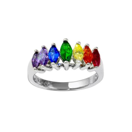 925 Sterling Silver Rhodium Plated Graduated Multicolor Marquise CZ Ring
