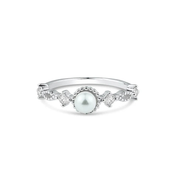 925 Sterling silver Rhodium Plated Synthetic Pearl Center Clear CZ Ring