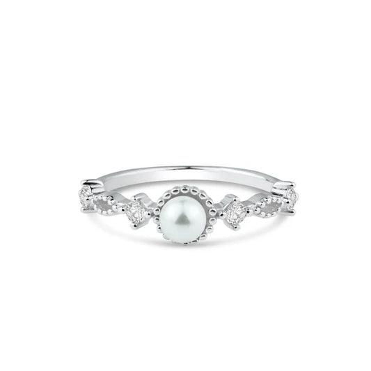 925 Sterling silver Rhodium Plated Synthetic Pearl Center Clear CZ Ring
