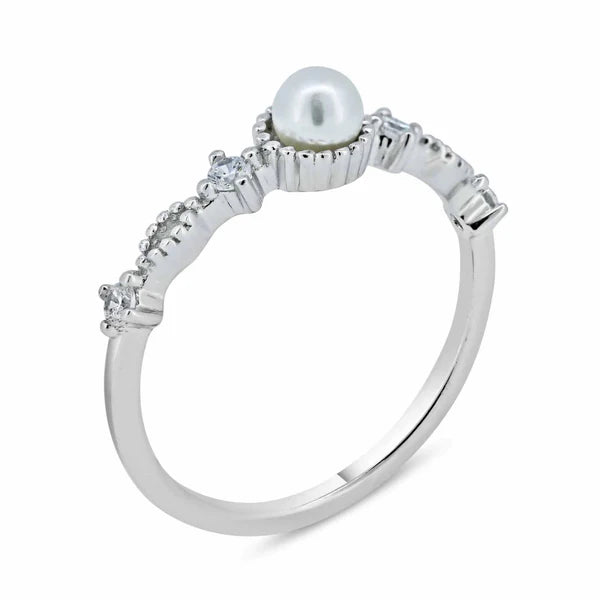 925 Sterling silver Rhodium Plated Synthetic Pearl Center Clear CZ Ring