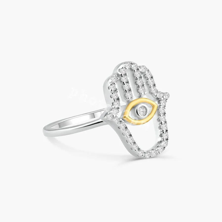 925 Sterling Silver 2 Toned Plated Hamsa Hand Clear CZ Ring