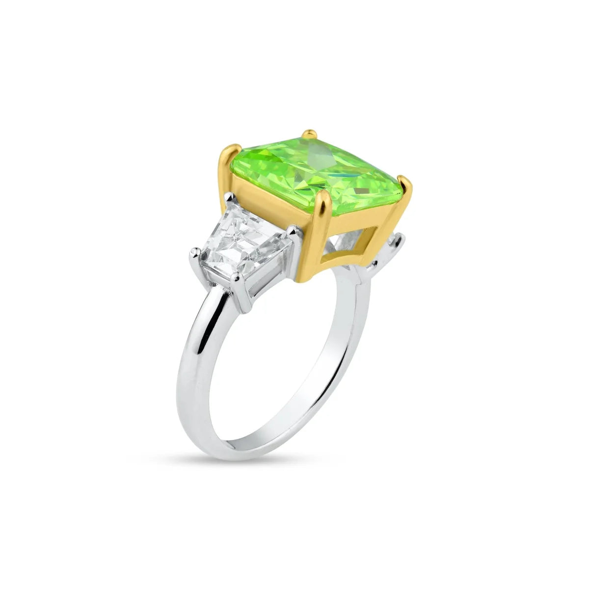 925 Sterling Silver Rhodium Plated Past Present Future Green CZ Ring