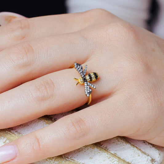 925 Sterling Silver Gold Plated Bee CZ Ring
