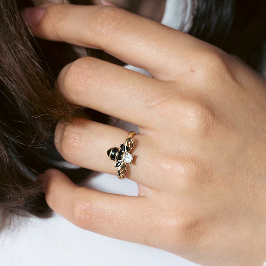 925 Sterling Silver Gold Plated Bee Clear CZ Ring