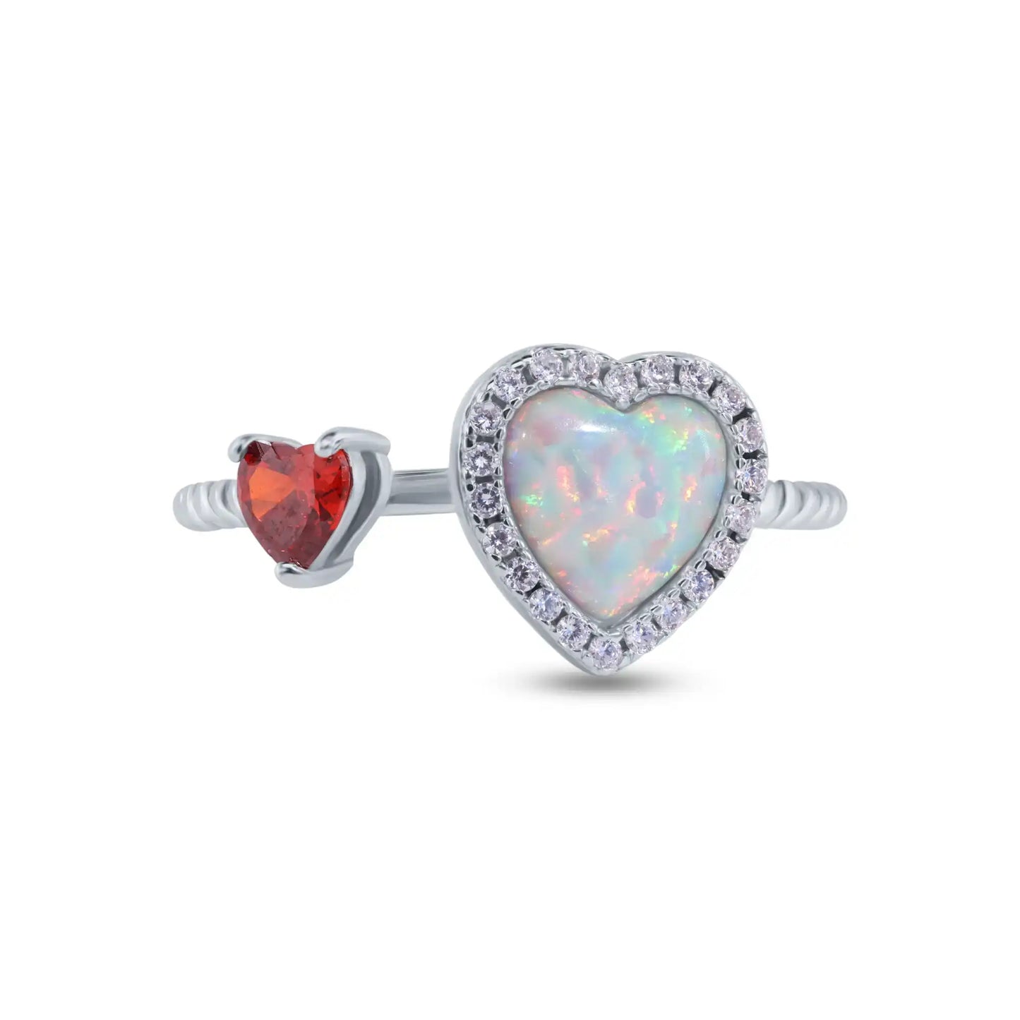 925 Sterling Silver Rhodium Plated 2 Hearts Synthetic Opal and Red CZ 1.5mm Ring