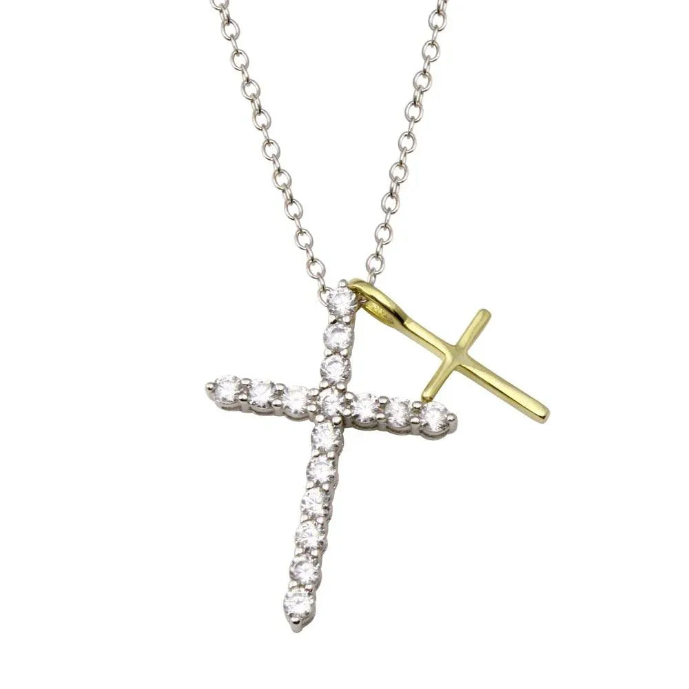 925 Sterling Silver Rhodium and Gold Plated Cross Clear CZ Adjustable Necklace