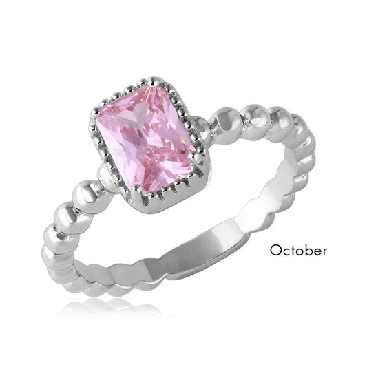 925 Sterling Silver Rhodium Plated October Beaded Shank Square Center Birthstone Ring