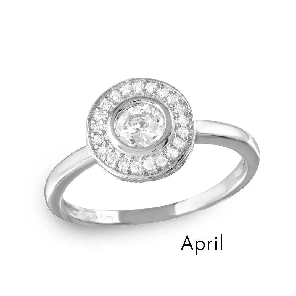 925 Sterling Silver April Rhodium Plated CZ Center Birthstone Halo Ring