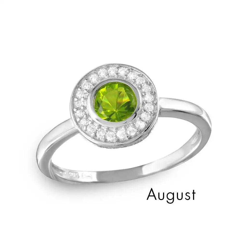 925 Sterling Silver August Rhodium Plated CZ Center Birthstone Halo Ring