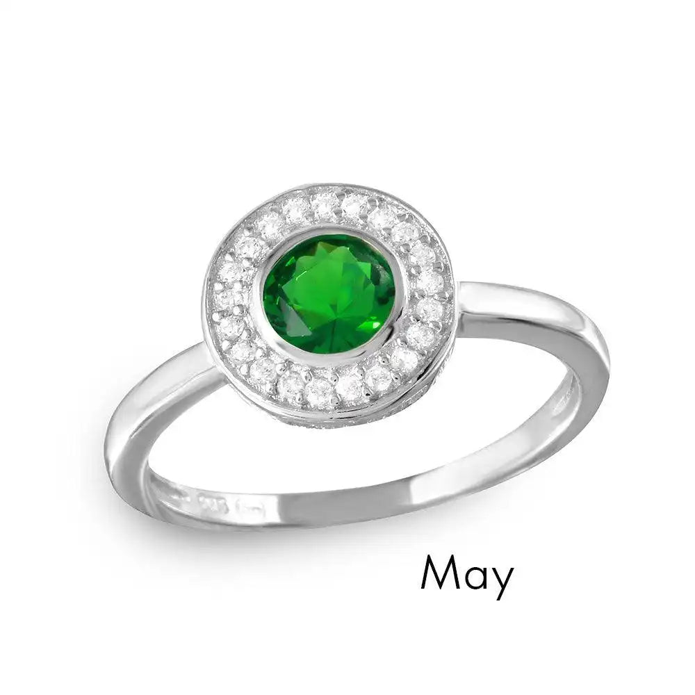 925 Sterling Silver May Rhodium Plated CZ Center Birthstone Halo Ring