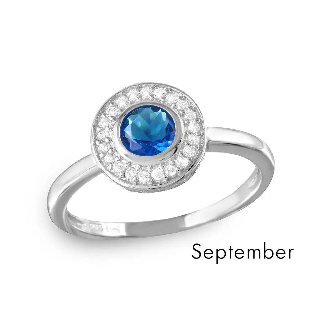 925 Sterling Silver September Rhodium Plated CZ Center Birthstone Halo Ring