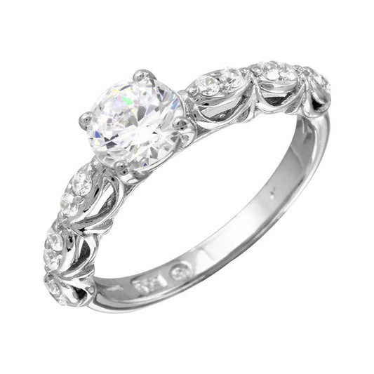 925 Sterling Silver Rhodium Plated Wave Shank Design Bridal CZ Ring