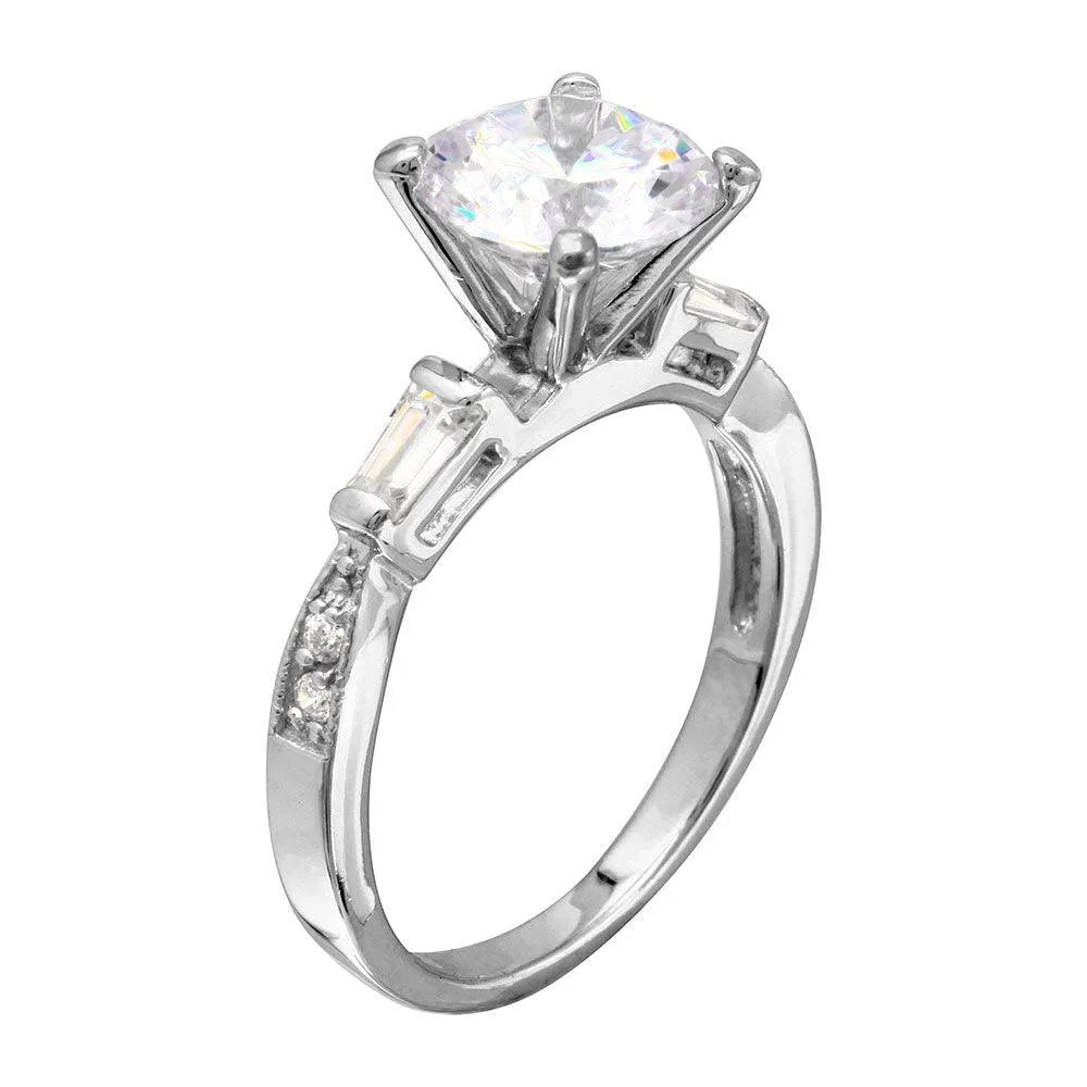 925 Sterling Silver Rhodium Plated Round Center Baguette Shank CZ Stone Bridal Ring