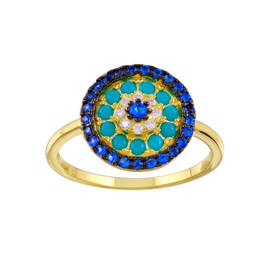 925 Sterling Silver Gold Plated Turquoise Blue Clear CZ Round Evil Eye Ring