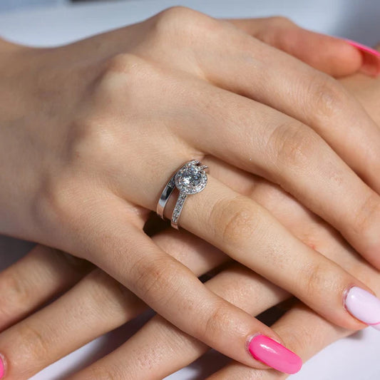 925 Sterling Silver Rhodium Plated Clear CZ Round Bridal Ring Set
