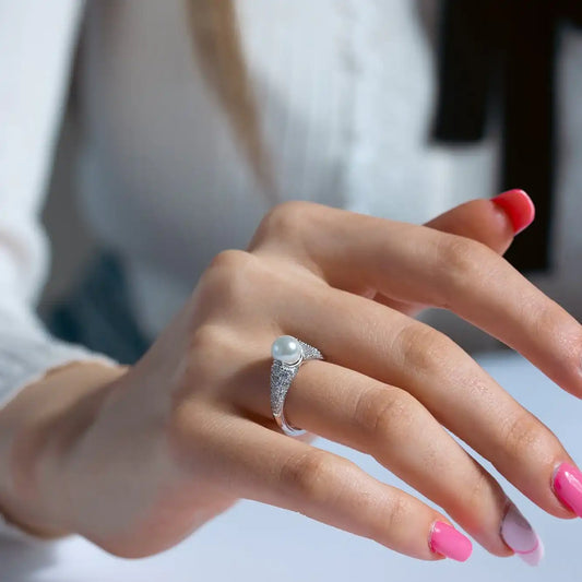 925 Sterling Silver Rhodium Plated Synthetic Pearl Ring