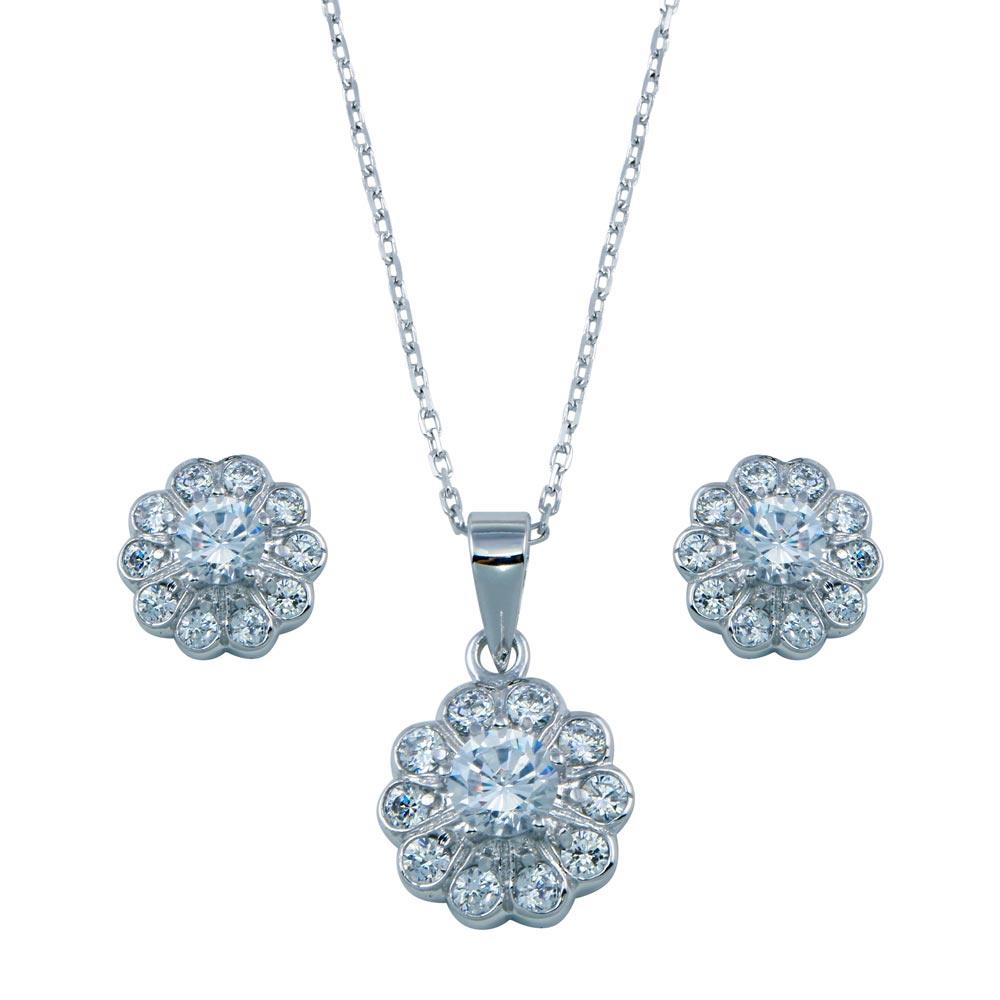 925 Sterling Silver Rhodium Plated Clear Flower CZ Set