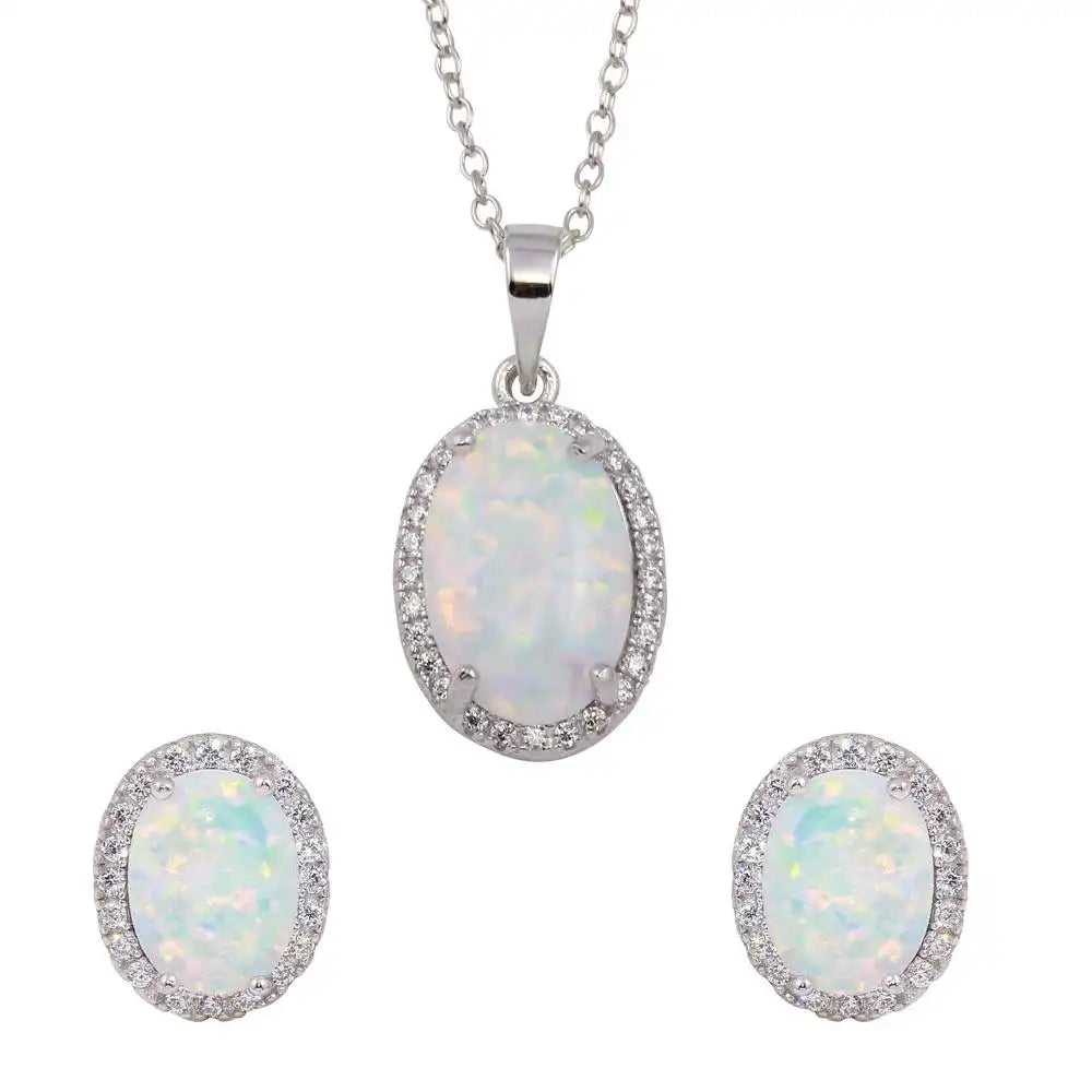 925 Sterling Silver Rhodium Plated Oval Synthetic Opal Set with CZ