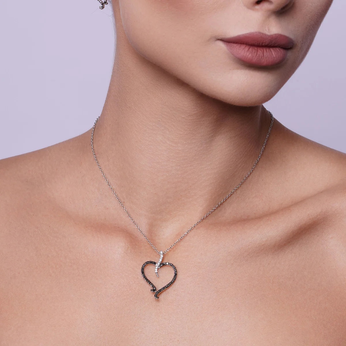 925 Silver Clearance-Rhodium Plated Black and Clear Open Heart CZ Stud Earring and Dangling Necklace Set