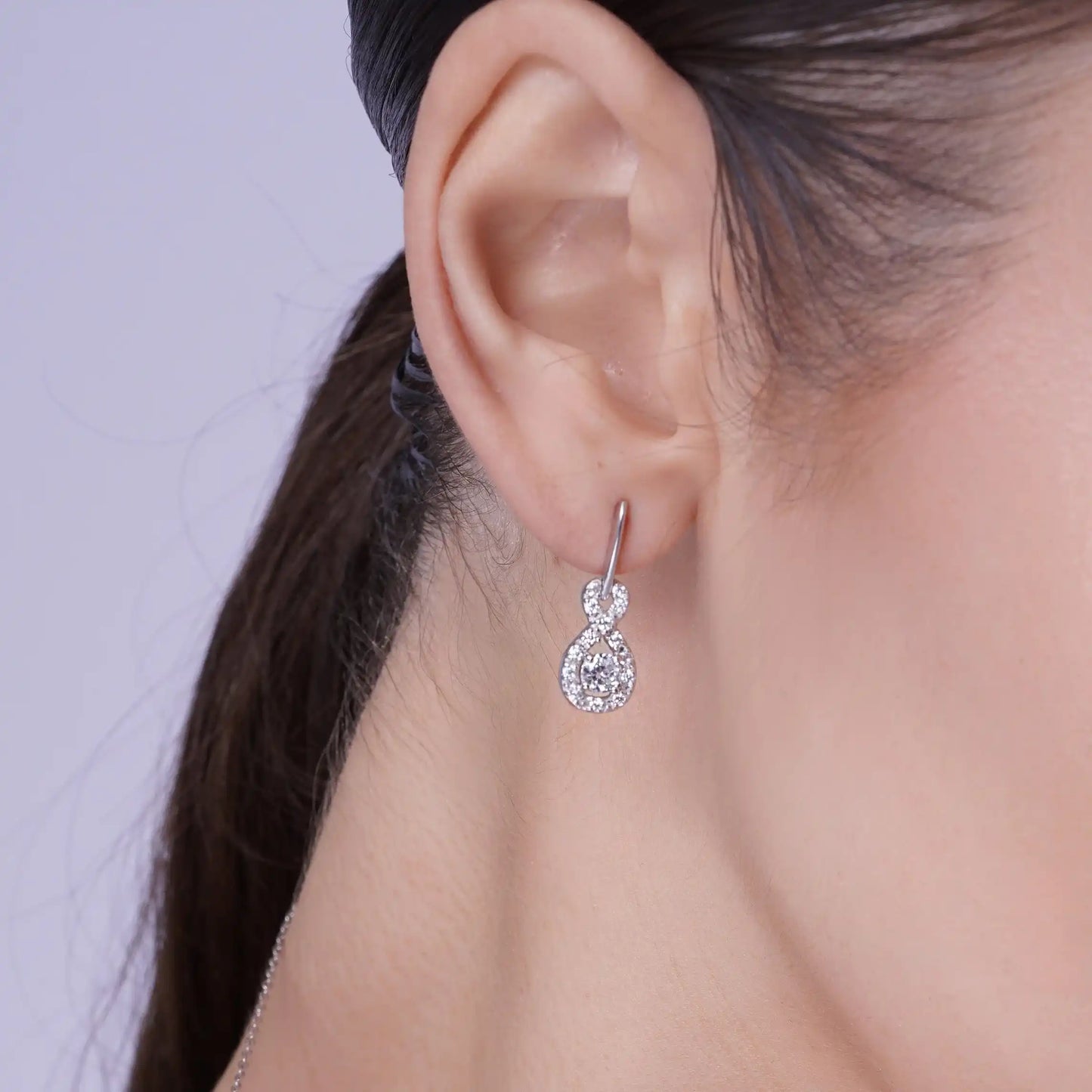 925 Sterling Silver Rhodium Plated Figure 8 Teardrop Clear CZ Dangling Stud Set