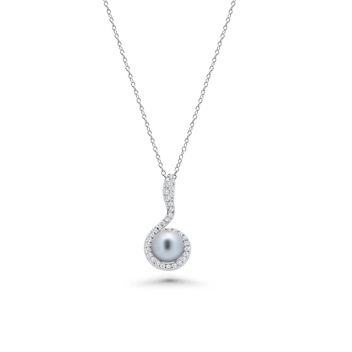 925 Sterling Silver Rhodium Plated Black Pearl Clear CZ Hanging Stud Earring and Necklace Set