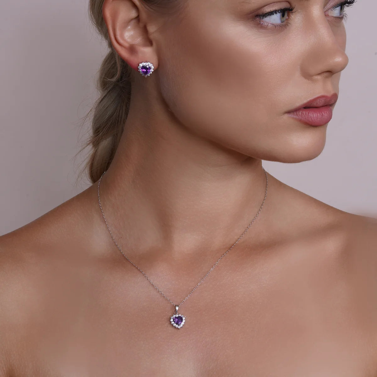 925 Silver Rhodium Plated CZ Birthstone Heart & Cluster Earring and Necklace Set
