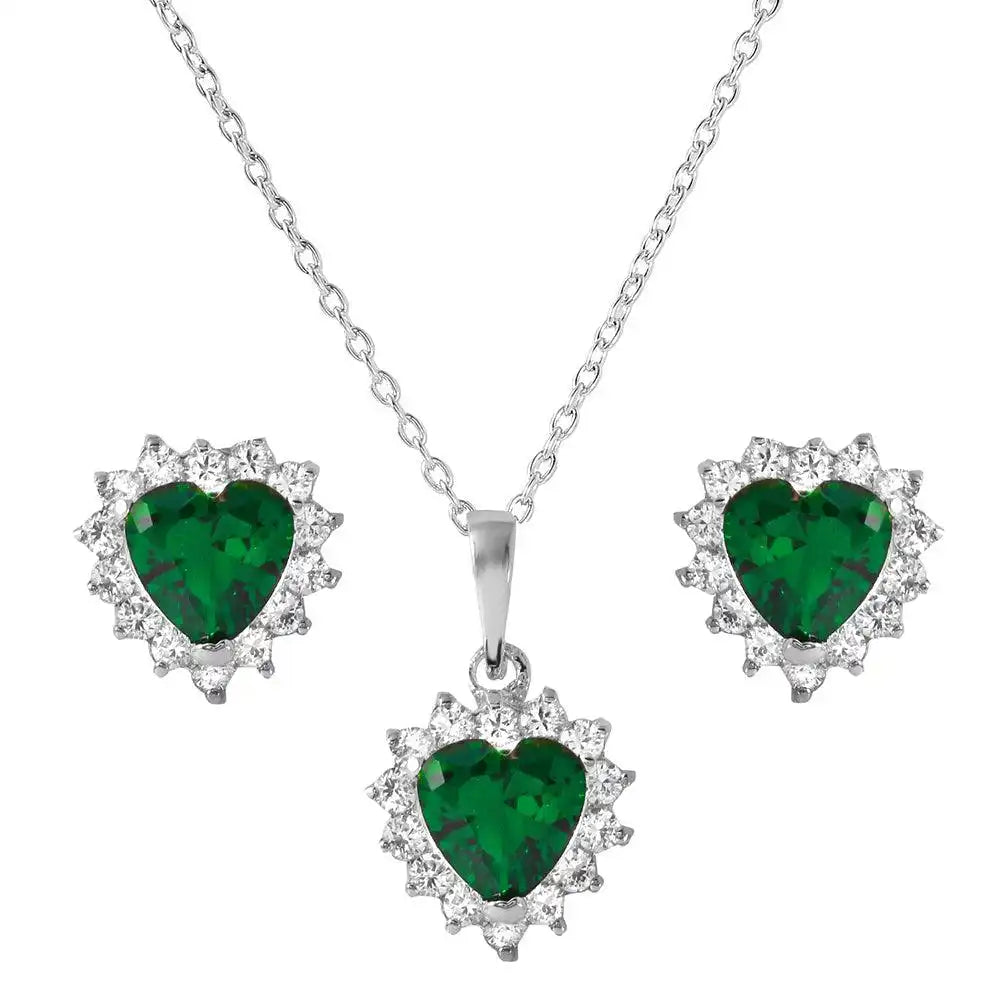 925 Sterling Silver Rhodium Plated Green Heart Cluster Set