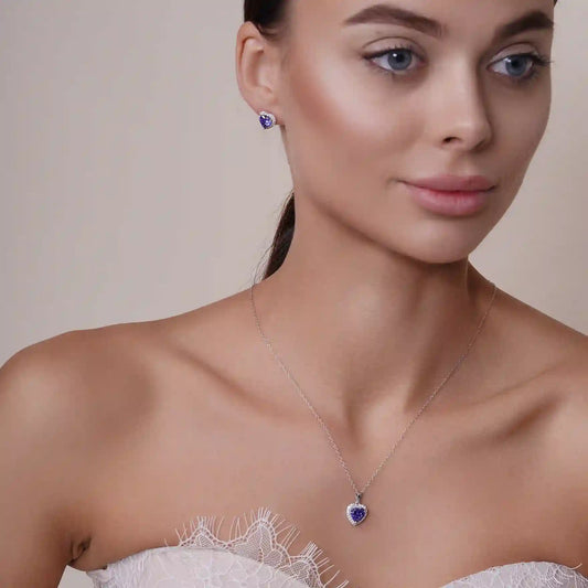 925 Sterling Silver Rhodium Plated Clear Cluster Blue Heart CZ Stud Earring and Necklace Set