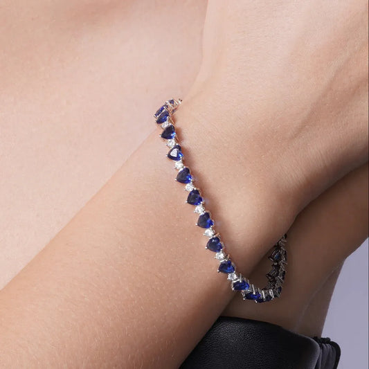 925 Sterling Silver Rhodium Plated Heart Blue CZ 6mm Tennis Bracelet