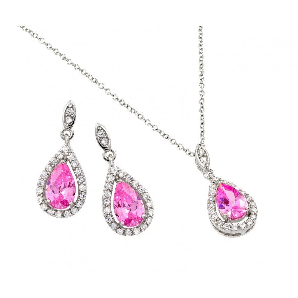925 Silver Rhodium Plated Clear Cluster Pink Teardrop CZ Dangling Stud Earring and Dangling Necklace Set
