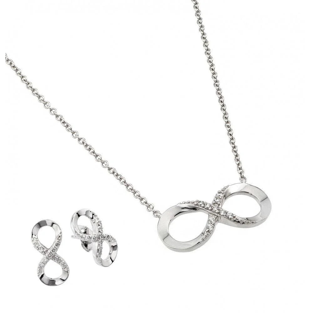 925 Silver Rhodium Plated Clear Inlay Infinity CZ Stud Earring and Necklace Set