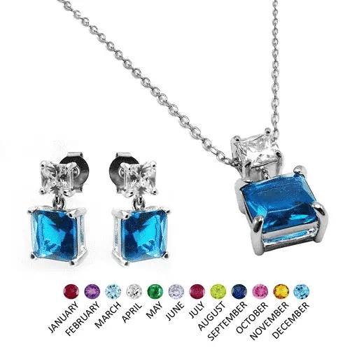 925 Sterling Silver Rhodium Plated Square Birthstone CZ Hanging Set
